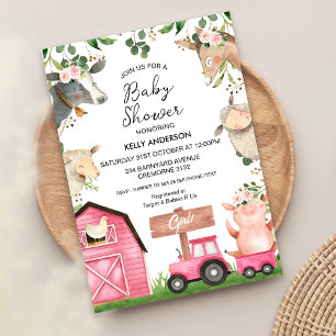 Girls Pink Tractor Barn Farm Baby Shower Invitation