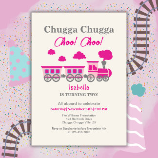 Girls Pink Train 2nd Birthday Party Invitation