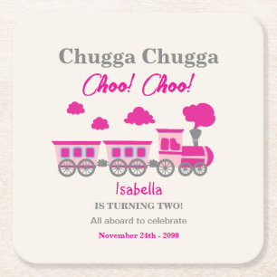 Girls Pink Train 2nd Birthday Party Square Paper Coaster