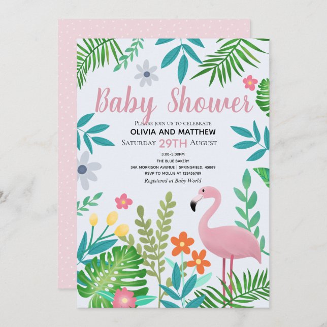 Girls Pink Tropical Jungle Flamingo Baby Shower Invitation (Front/Back)