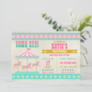Girl's Pink Turquoise Gold Carousel Party Invitation