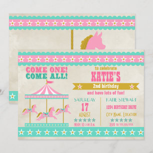 Girl's Pink Turquoise Gold Carousel Party Invitation