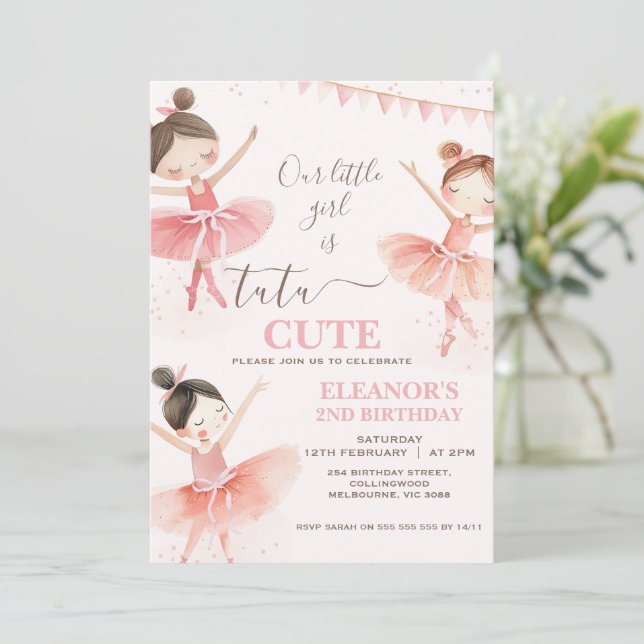 Girls Pink Tutu Ballerina 2nd Birthday Invitation (Standing Front)