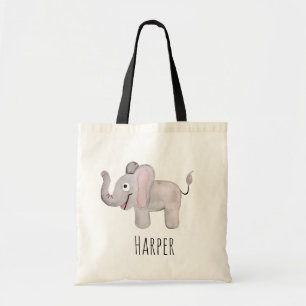 Girl's Pink Watercolor Baby Elephant Safari Name Tote Bag