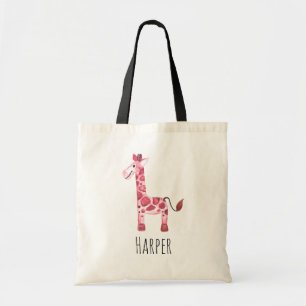 Girl's Pink Watercolor Baby Giraffe Safari Name Tote Bag