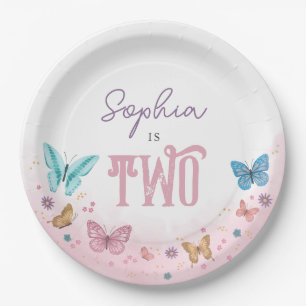 Girls Pink Watercolor Butterfly Cute Kids Birthday Paper Plate