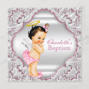 Girls Pink White Angel Girl Baby Baptism Invitation