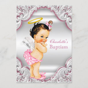 Girls Pink White Angel Girl Baby Baptism Invitation