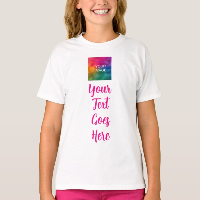 Girls Pink & White Custom Image Script Text Name T-Shirt (Front)