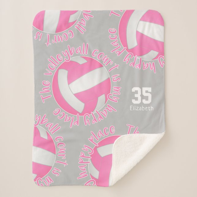 girls pink white volleyball court my happy place sherpa blanket (Front)