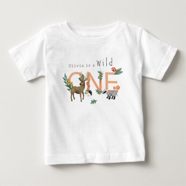 Girls Pink Wild One Woodland First Birthday Baby T-Shirt (Front)