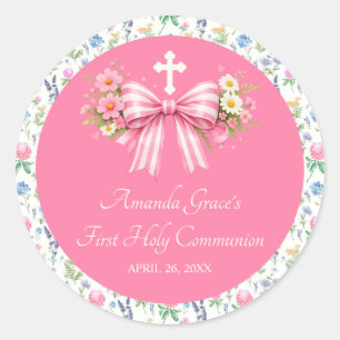 Girl's Pink Wildflower Bow First Communion  Classic Round Sticker