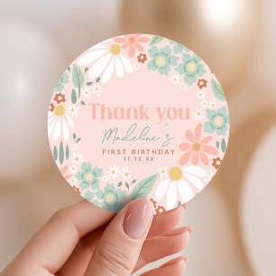 Girls Pink Wildflower Daisy 1st Birthday Favour Classic Round Sticker