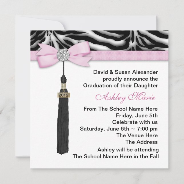 Girls Pink Zebra Graduation Announcements (Front)
