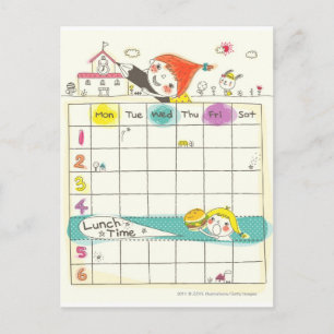 Girls playing by school and timetable postcard