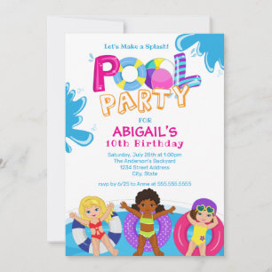 Girls Pool Party 10th Birthday Invitation