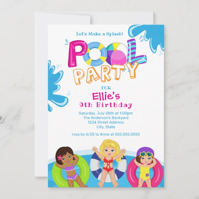 Girls Pool Party 9th Birthday Invitation (Front)