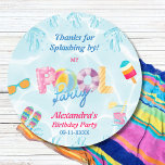 Girls Pool Party Birthday Favour Thank You Classic Round Sticker<br><div class="desc">Personalise this Modern Pool Party Thank You Sticker and add a hot pink, splashing touch to your precious child's party favours. The colourful flip flops, sunglasses, inviting cold drink and delicious popsicle, against an inviting cool blue water background, are a perfect way to say thank you to friends and family...</div>