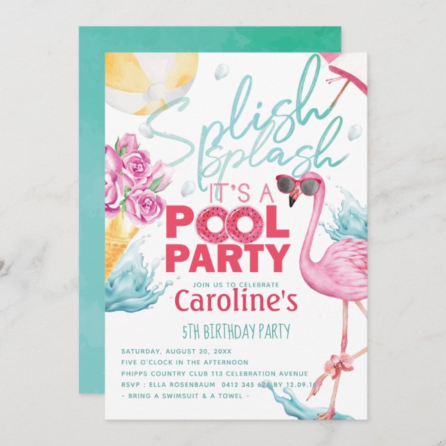 Girls Pool Party Birthday Invitation (Front/Back)