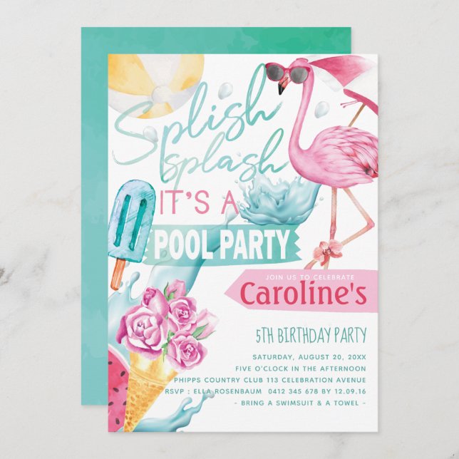 Girls Pool Party Birthday Invitation (Front/Back)