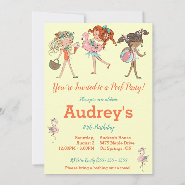 Girls' Pool Party Birthday Party Invitation (Front)