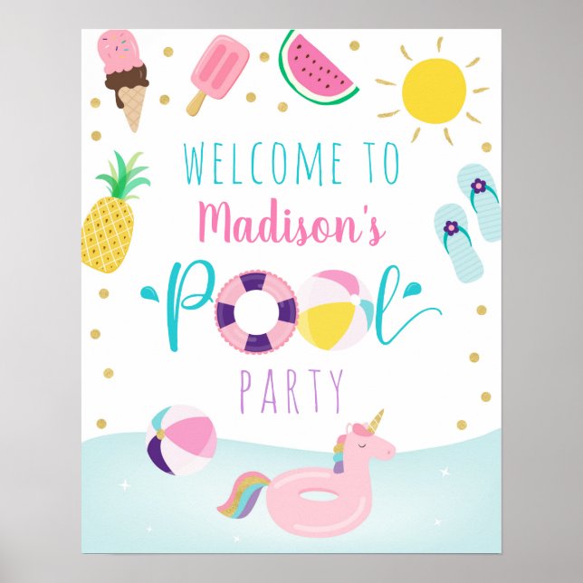 Girls Pool Party Ice Cream Birthday Welcome Poster (Front)