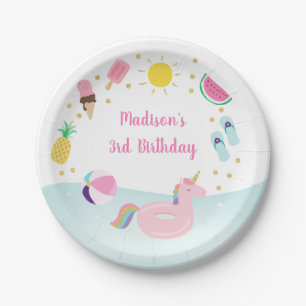 Girls Pool Party Ice Cream Sunshine Birthday Paper Plate