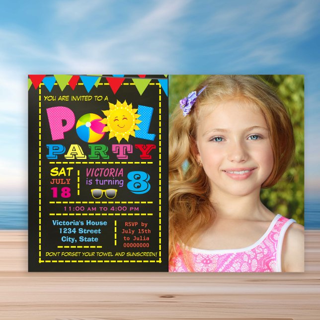 Girls Pool Party Pool Birthday Party Invitation (Cute pool party any number birthday invitation. Simply add your details and photo.)