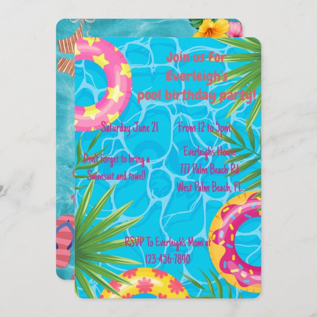 Girls Pool Party Summer Birthday Invitation (Front/Back)