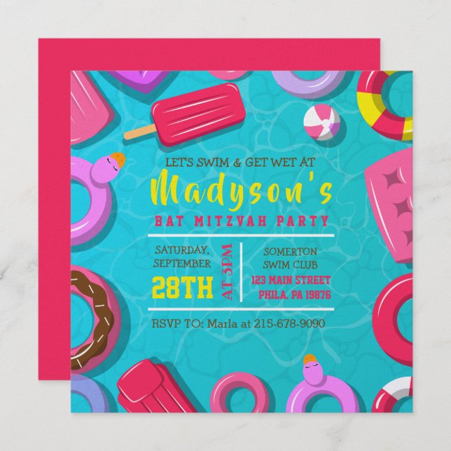GIRLS POOL SWIM FLOATS Bat Mitzvah Party Invitation (Front/Back)