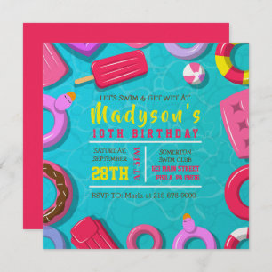 GIRLS POOL SWIM FLOATS Birthday Party Invitation