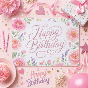 Girls Pretty Happy Birthday Silver Pink Floral  Tissue Paper