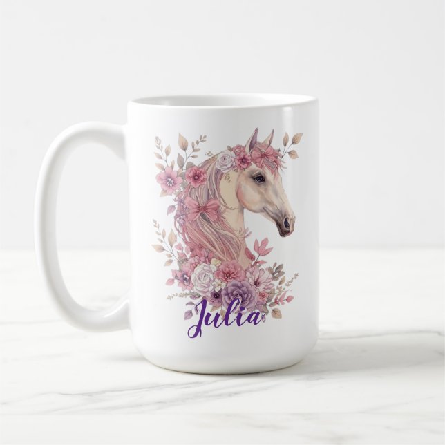 Girls Pretty Ponies Pastel Floral Horse Coffee Mug (Left)