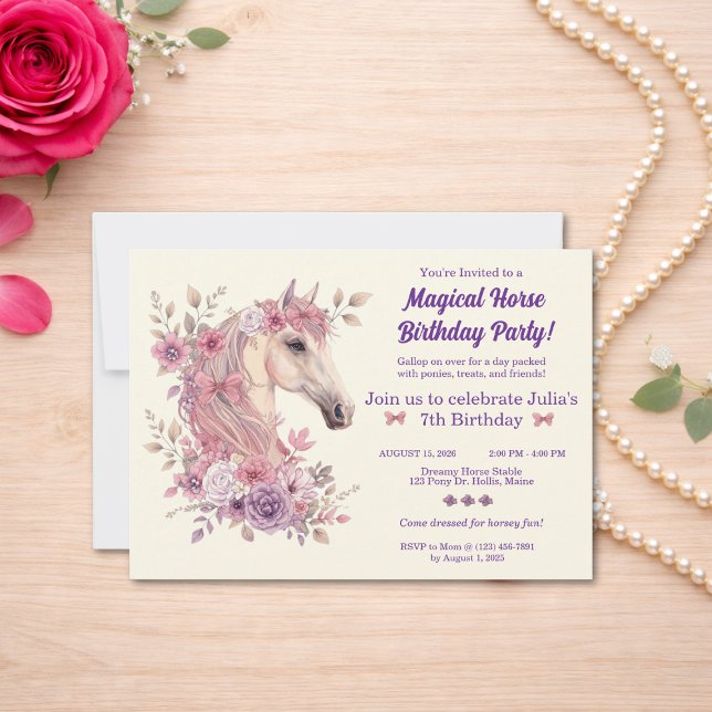 Girls Pretty Ponies Pastel Floral Horse Invitation (Creator Uploaded)