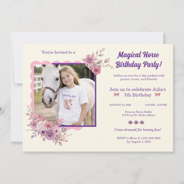 Girls Pretty Ponies Pastel Floral Horse Invitation