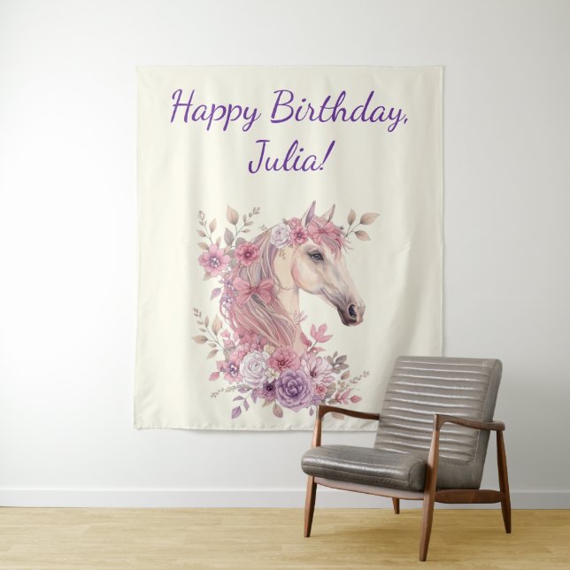 Girls Pretty Ponies Pastel Floral Horse Tapestry (In Situ)