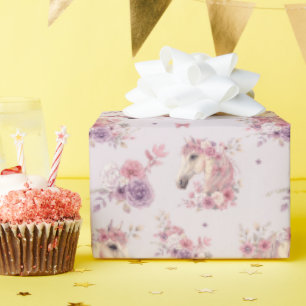 Girls Pretty Ponies Pastel Floral Horse Wrapping Paper