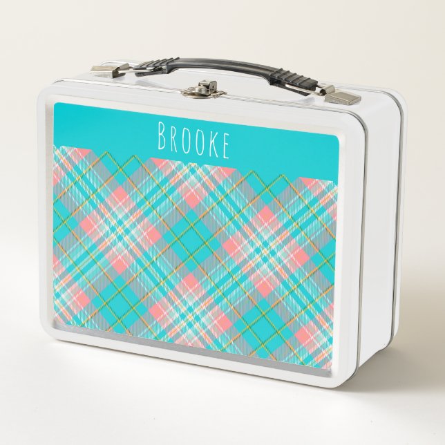 Girls Pretty Teal Blue and Pink Plaid Kids Metal Lunch Box (Front)