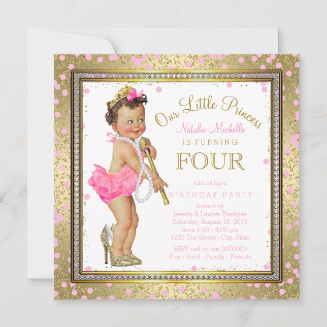 Girls Princess 4th Birthday Party Pink Gold Invitation (Front)