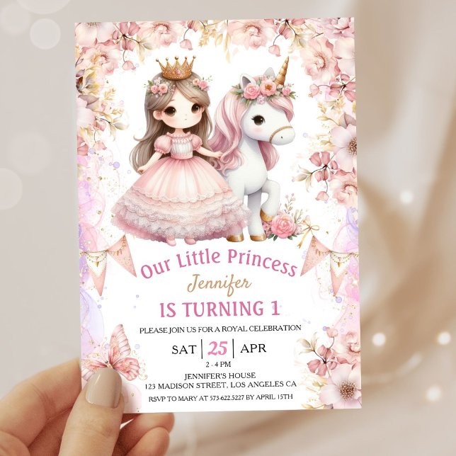Girls Princess Unicorn 1st Birthday Invitation (Creator Uploaded)