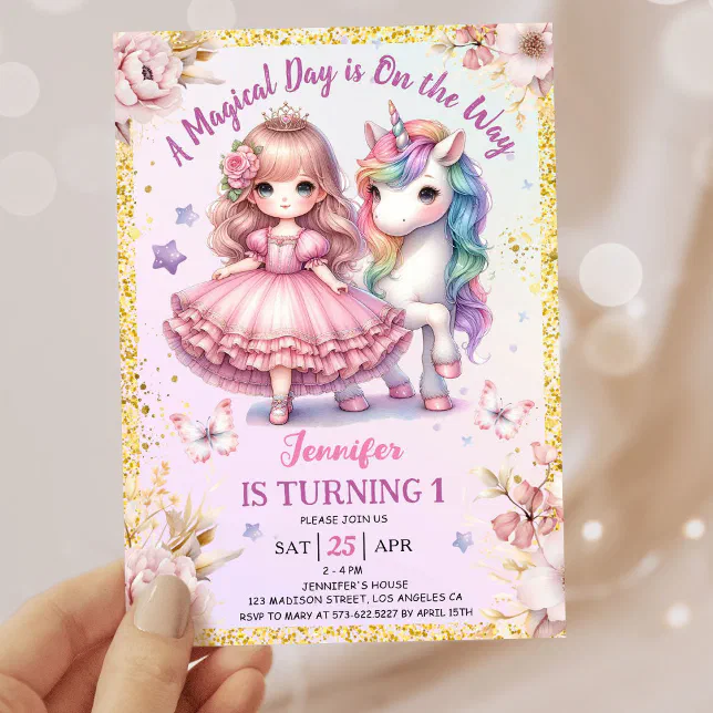 Girls Princess Unicorn 1st Birthday Pink Gold Invitation | Zazzle