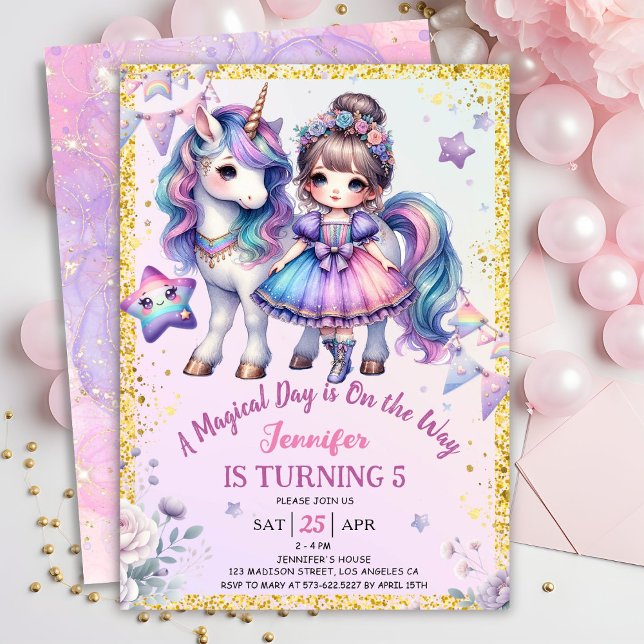 Girls Princess Unicorn 5th Birthday Purple Gold Invitation (Creator Uploaded)