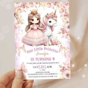 Girls Princess Unicorn 9th Birthday Invitation