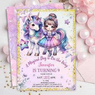 Girls Princess Unicorn 9th Birthday Purple Gold Invitation