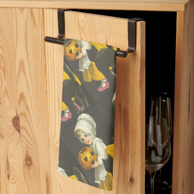 Girls Pumpkin Cat Vintage Halloween Tea Towel (Thirds Fold)