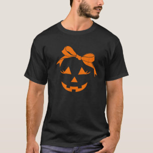 Girls Pumpkin Face Coquette Bow Jack O Lantern Fun T-Shirt