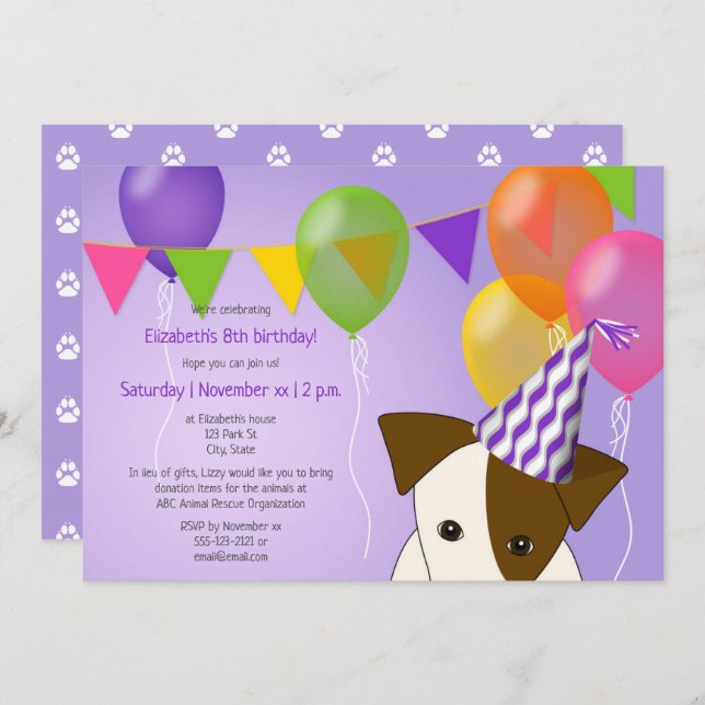 girls puppy birthday purple multicolor balloons invitation (Front/Back)