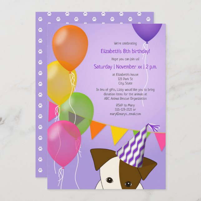 girls puppy birthday purple multicolor balloons invitation (Front/Back)