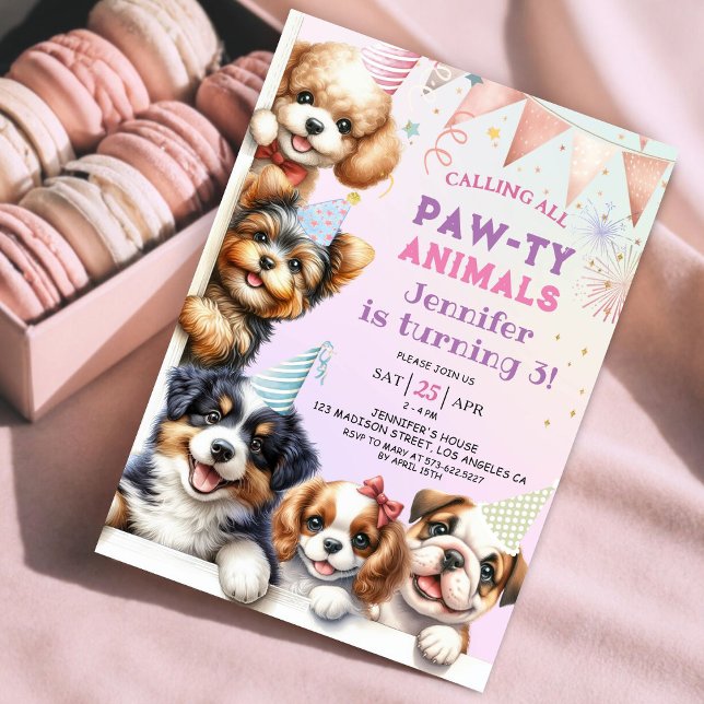 Girls Puppy Dog Pawty 3rd Birthday Invitation (Creator Uploaded)