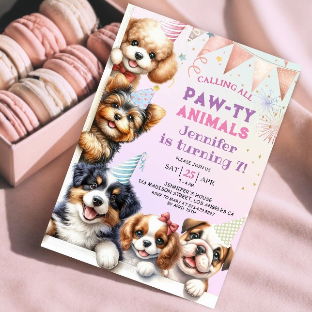 Girls Puppy Dog Pawty 7th Birthday Invitation (Creator Uploaded)